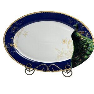 Vintage Savoy Home Cobalt Blue Peacock Gold Trim Meat Platter- 14" X 9.5"